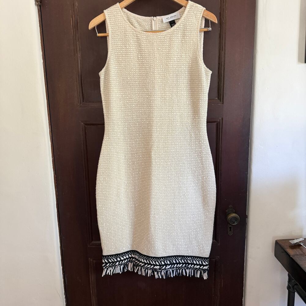 ST. JOHN COLLECTION | Cream Boucle Sheath Dress with Black & white Woven Trim 6